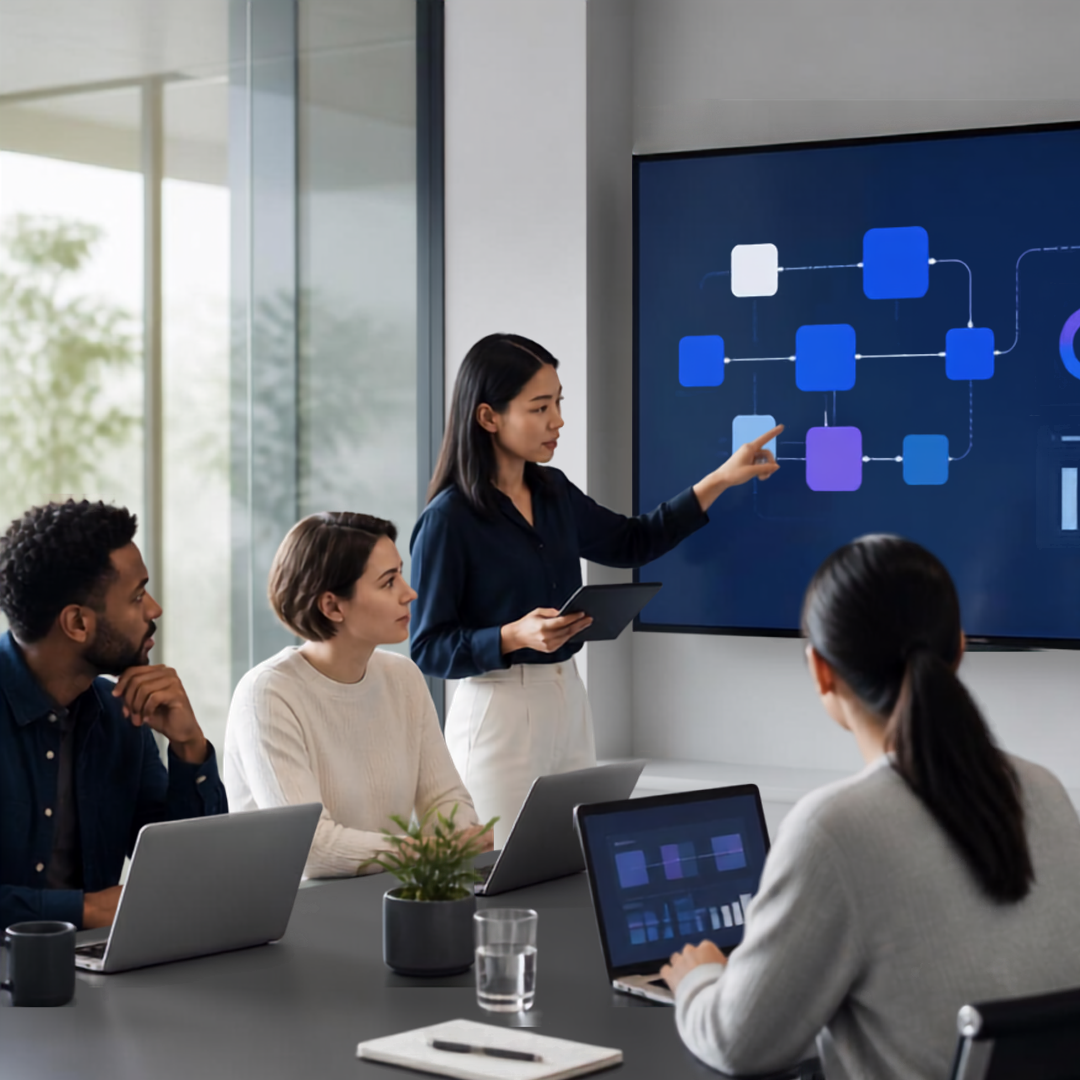 A team reviewing connected systems and workflows on a large screen