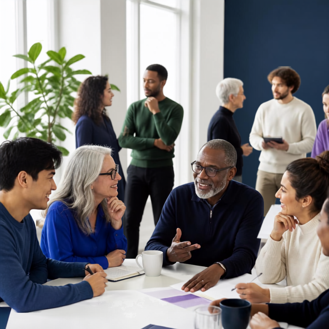 A diverse group of members in conversation around a meeting table