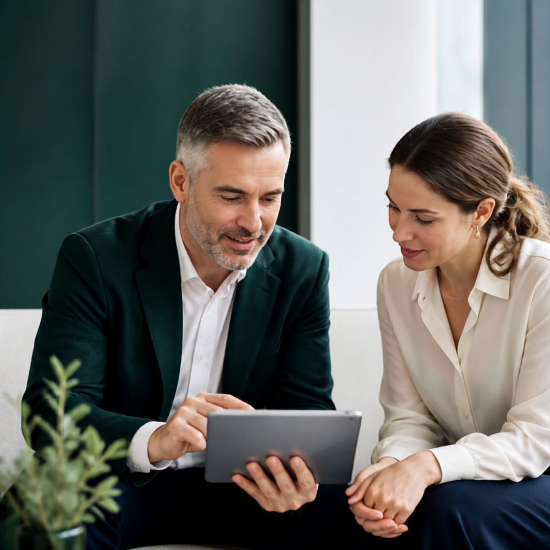 An advisor and a client reviewing information on a tablet together