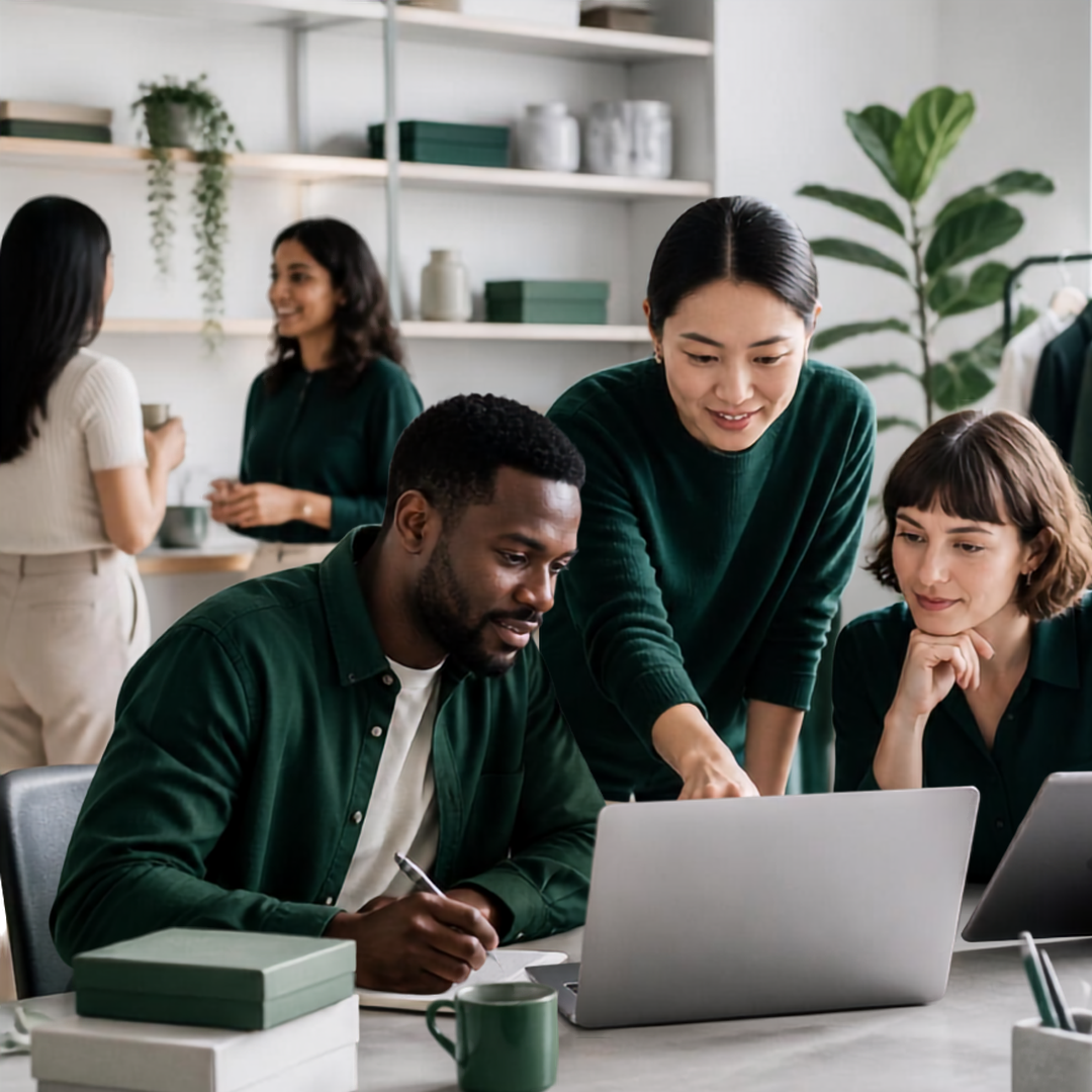 A business team reviewing work together on a laptop in a modern studio
